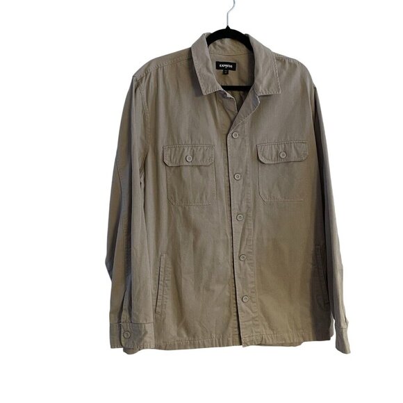 Express Men SZ XXL Tan Khaki Long Sleeve Button Up Pocketed Shirt Jacket Shacket - Picture 1 of 9